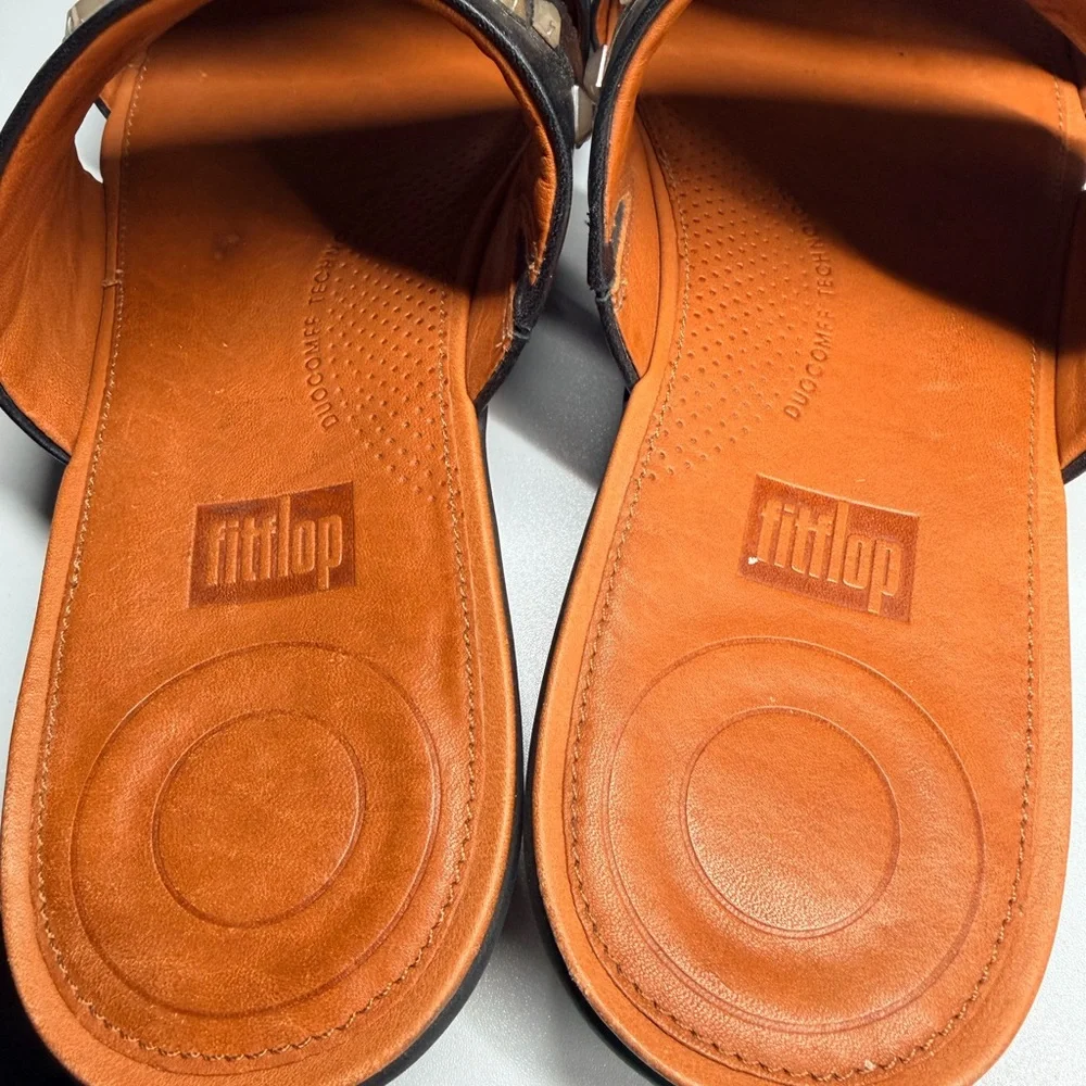 FITFLOP Delta Leather Black Embellished Double Strap Flat Slides Sz 9 - Picture 5 of 5